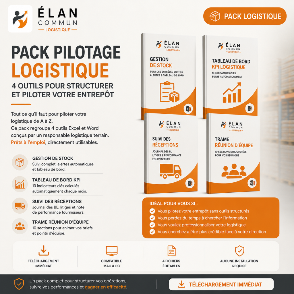 Pack pilotage logistique, 4 outils Excel Word, 2x moins cher, ElanCommun