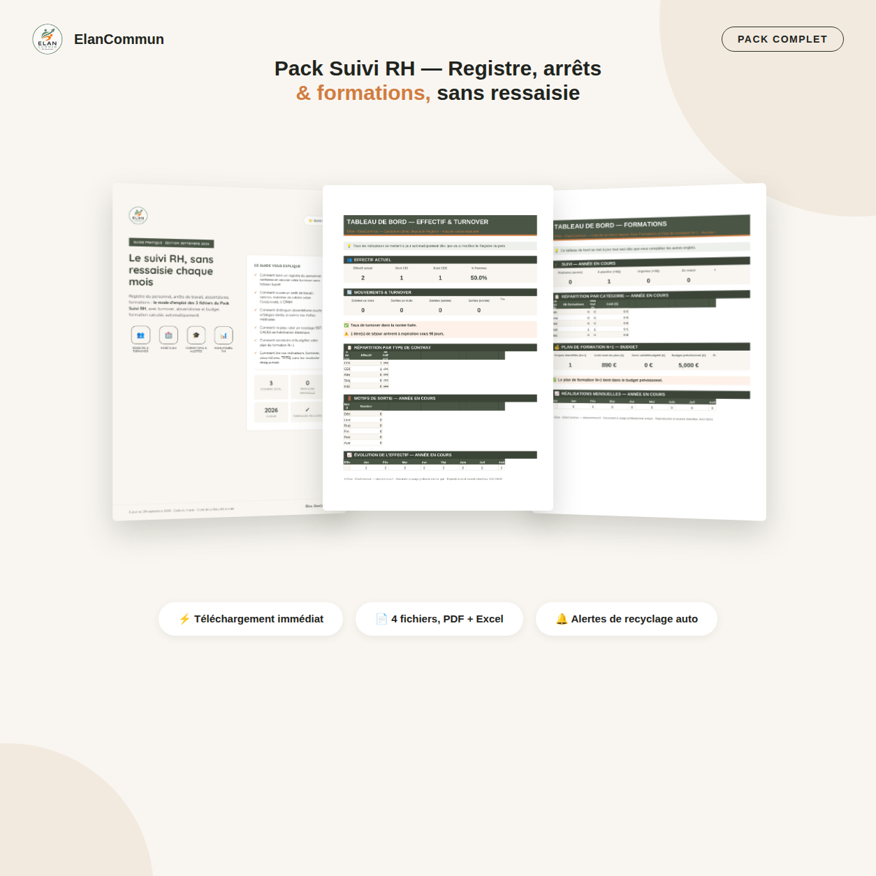 Pack suivi RH complet, 5 outils Excel avec alertes, ElanCommun