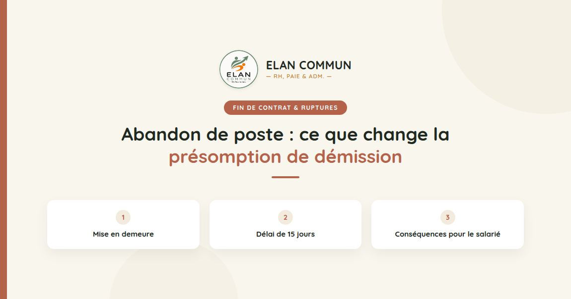 Abandon de poste et présomption de démission 2026, procédure employeur TPE PME, ElanCommun